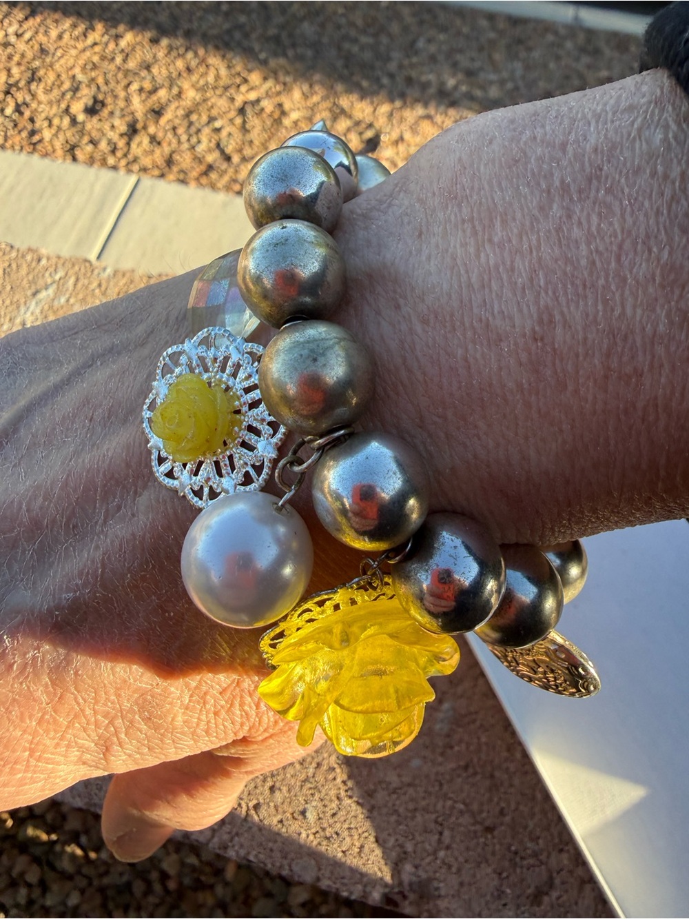 Chunky Silver Tone Charm Bracelet Yellow Rose Heart Boho Statement 1980s VTGE
